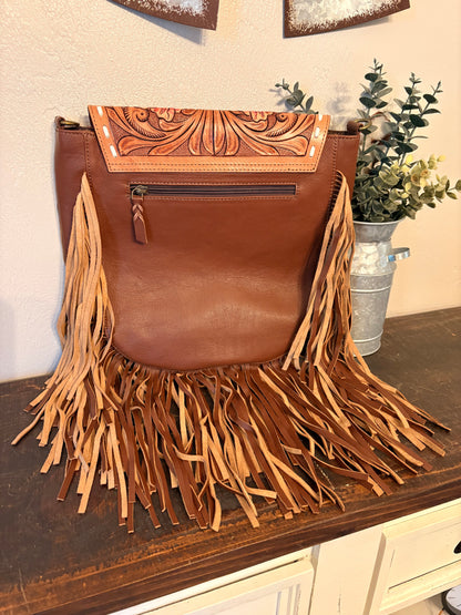 Tooled Leather Flower Crossbody with Fringe