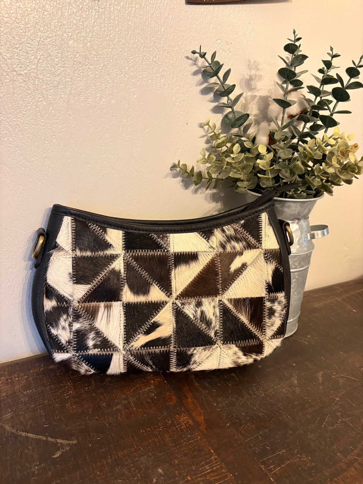 Black Leather Cowhide Stitched Crossbody