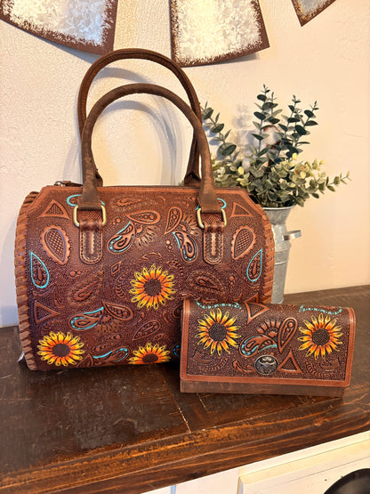 Tooled Leather Sunflower Speedy Bag / Wallet Set