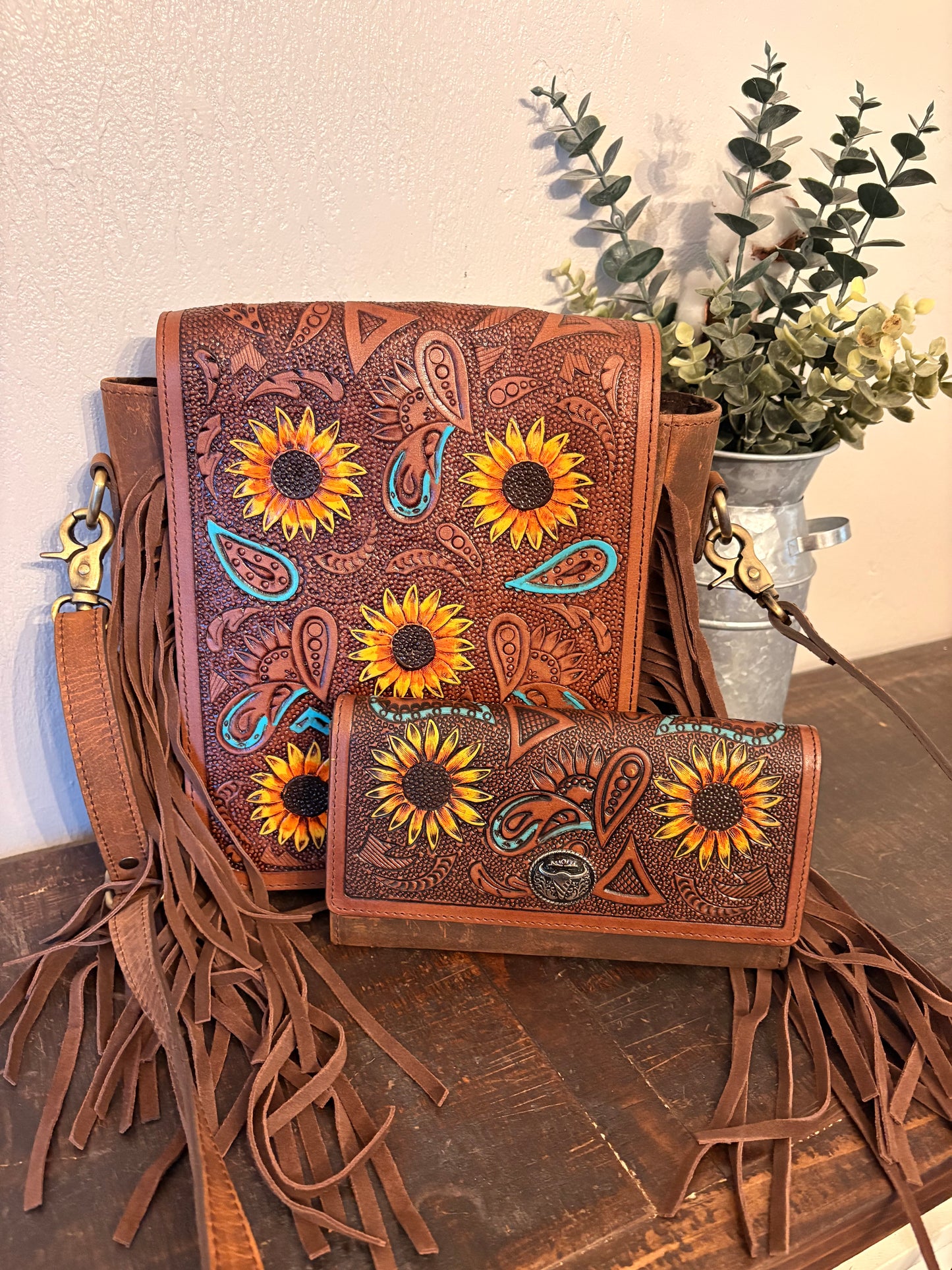 Tooled Leather Sunflower Crossbody / Wallet Set