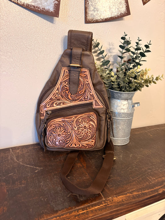 Brown Tooled Leather Sling Bag
