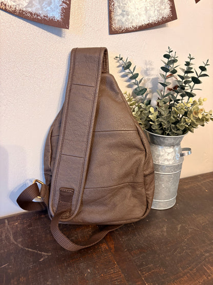 Brown Tooled Leather Sling Bag