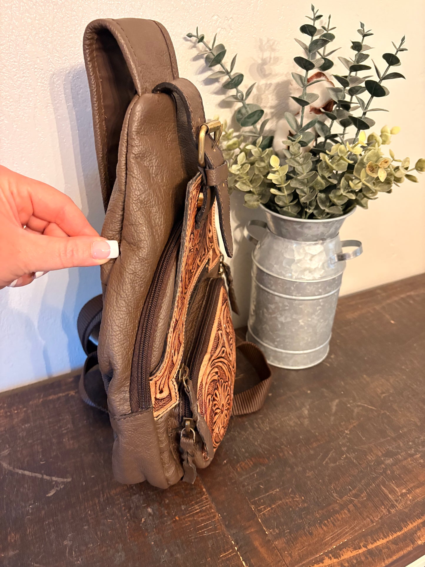 Brown Tooled Leather Sling Bag
