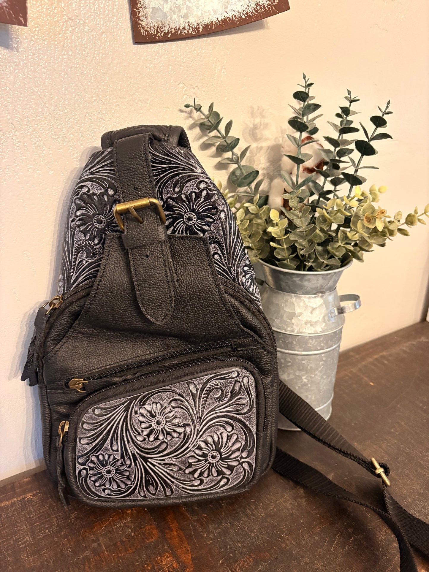Black Tooled Leather Sling Bag