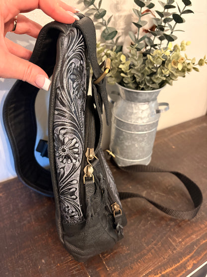 Black Tooled Leather Sling Bag