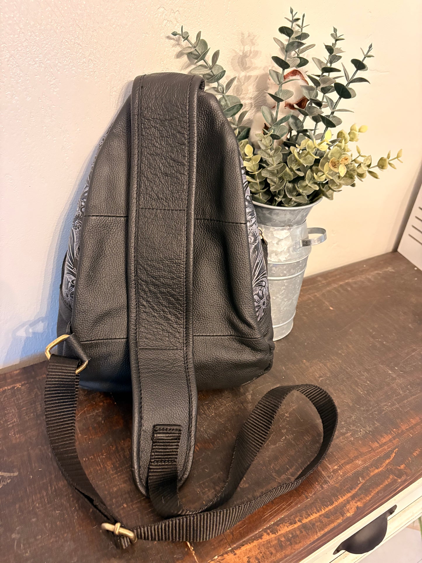 Black Tooled Leather Sling Bag