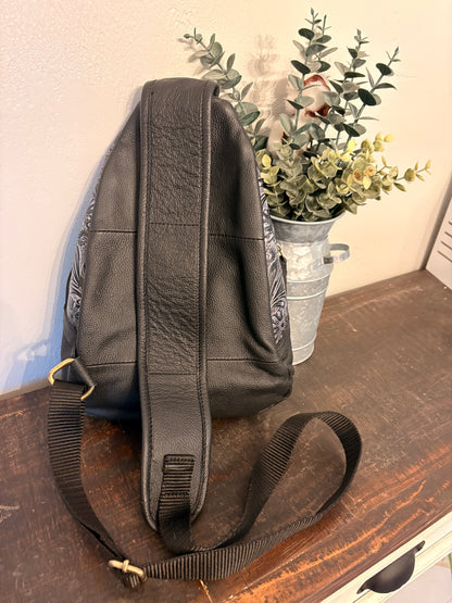 Black Tooled Leather Sling Bag