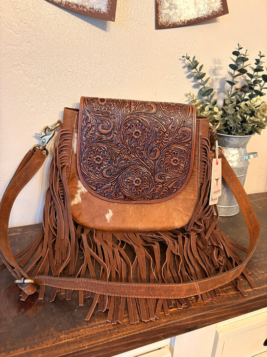 American Bison Tooled Leather & Cowhide Crossbody