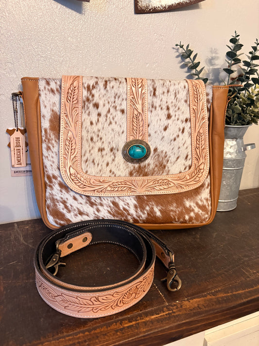 Brown Leather Crossbody with Tooled Leather Strap