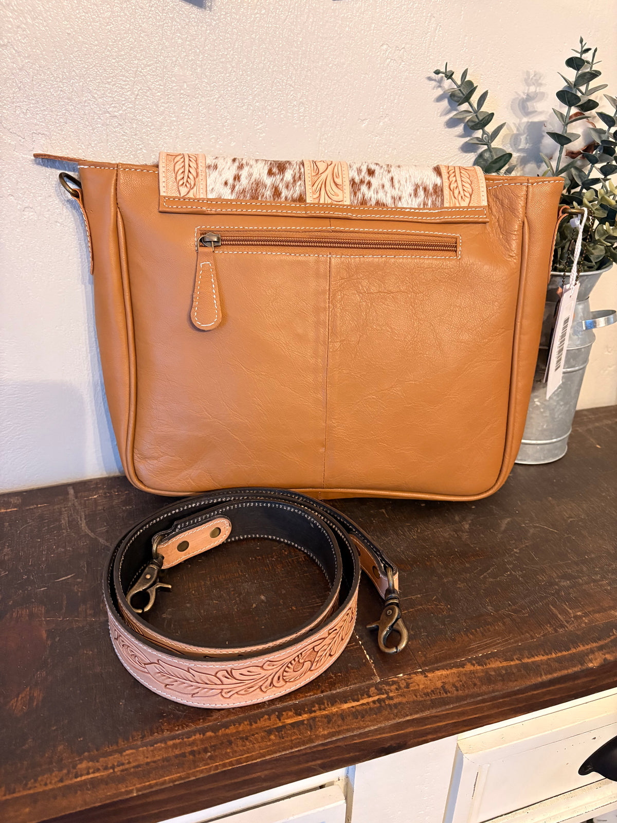 Brown Leather Crossbody with Tooled Leather Strap