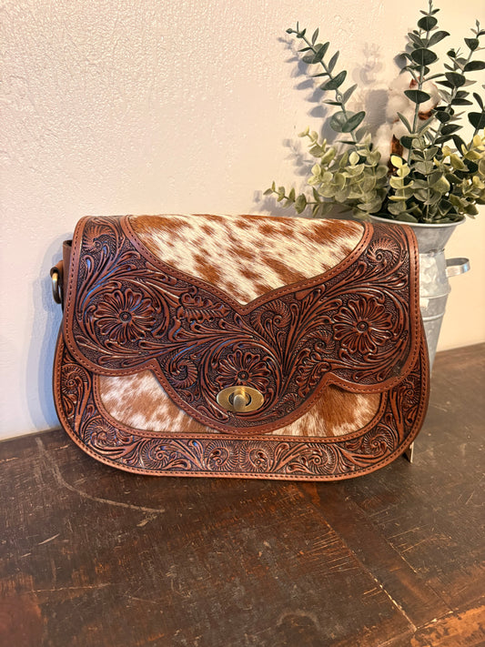 American Bison Brown Tooled Leather and Cowhide Crossbody