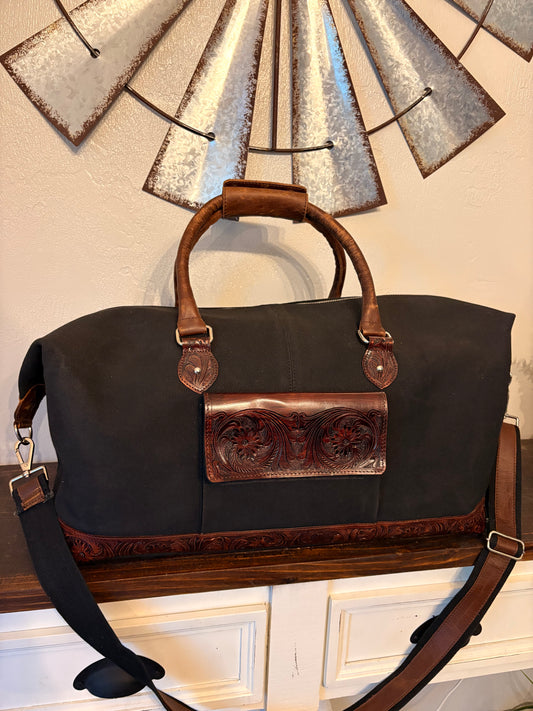Black Canvas with Tooled Leather Duffle Bag
