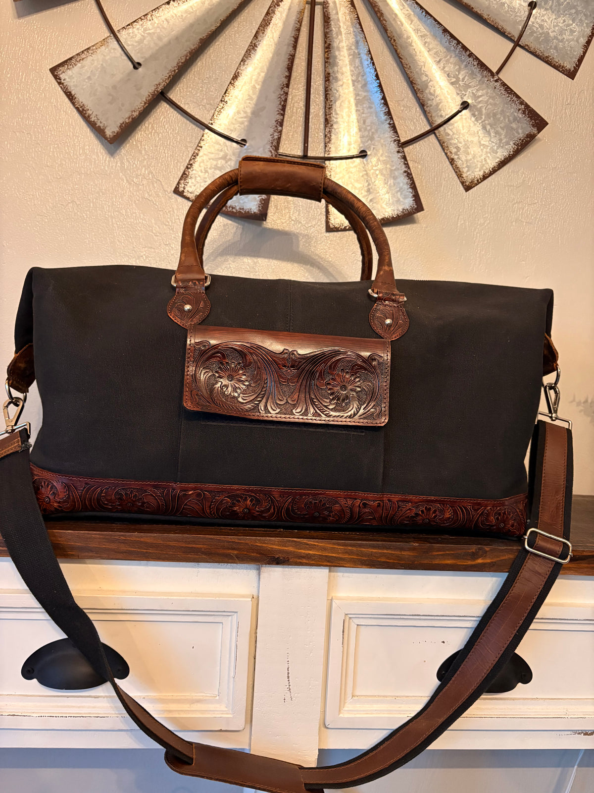 Black Canvas with Tooled Leather Duffle Bag