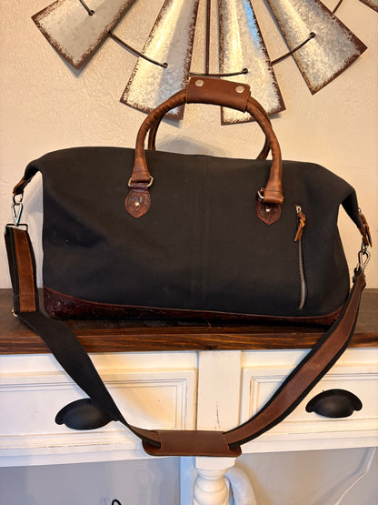 Black Canvas with Tooled Leather Duffle Bag