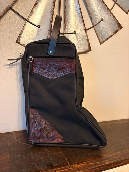 Black Canvas with Tooled Leather Boot Bag