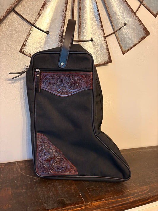 Black Canvas with Tooled Leather Boot Bag