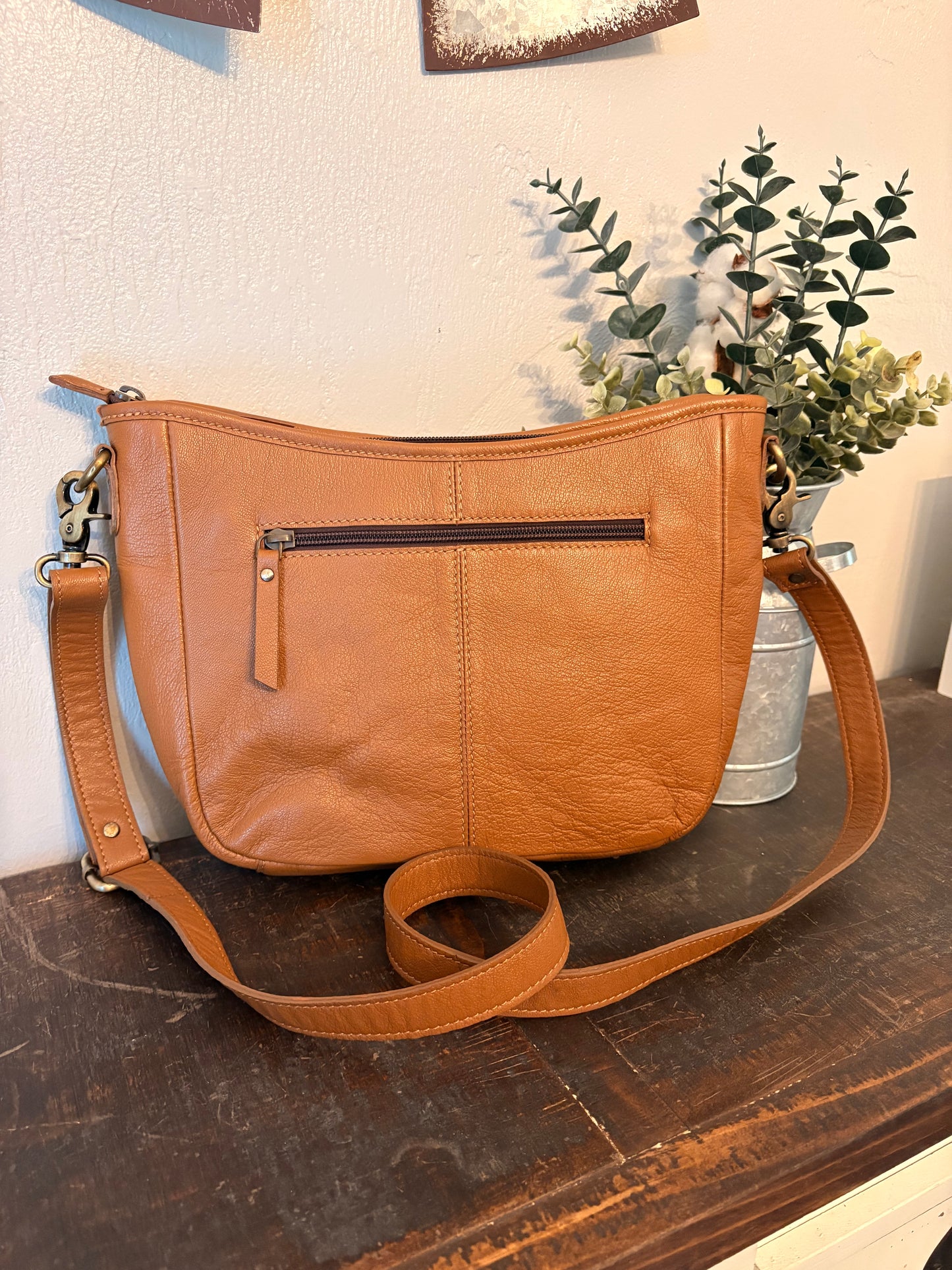 Brown Leather Cowhide Stitched Crossbody