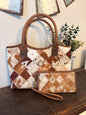Brown Leather Cowhide Stitched Purse / Wallet Set