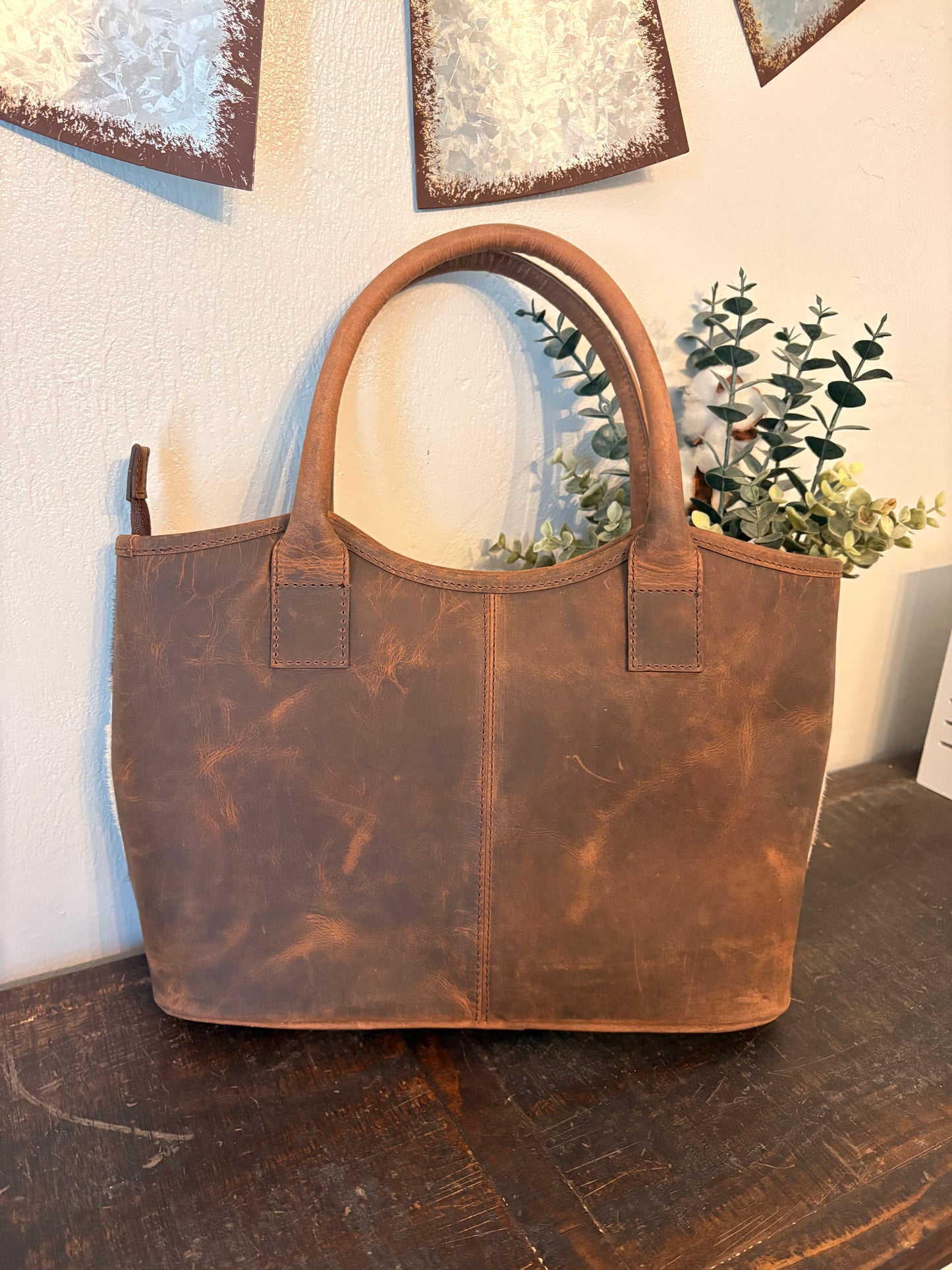 Brown Leather Cowhide Stitched Purse / Wallet Set