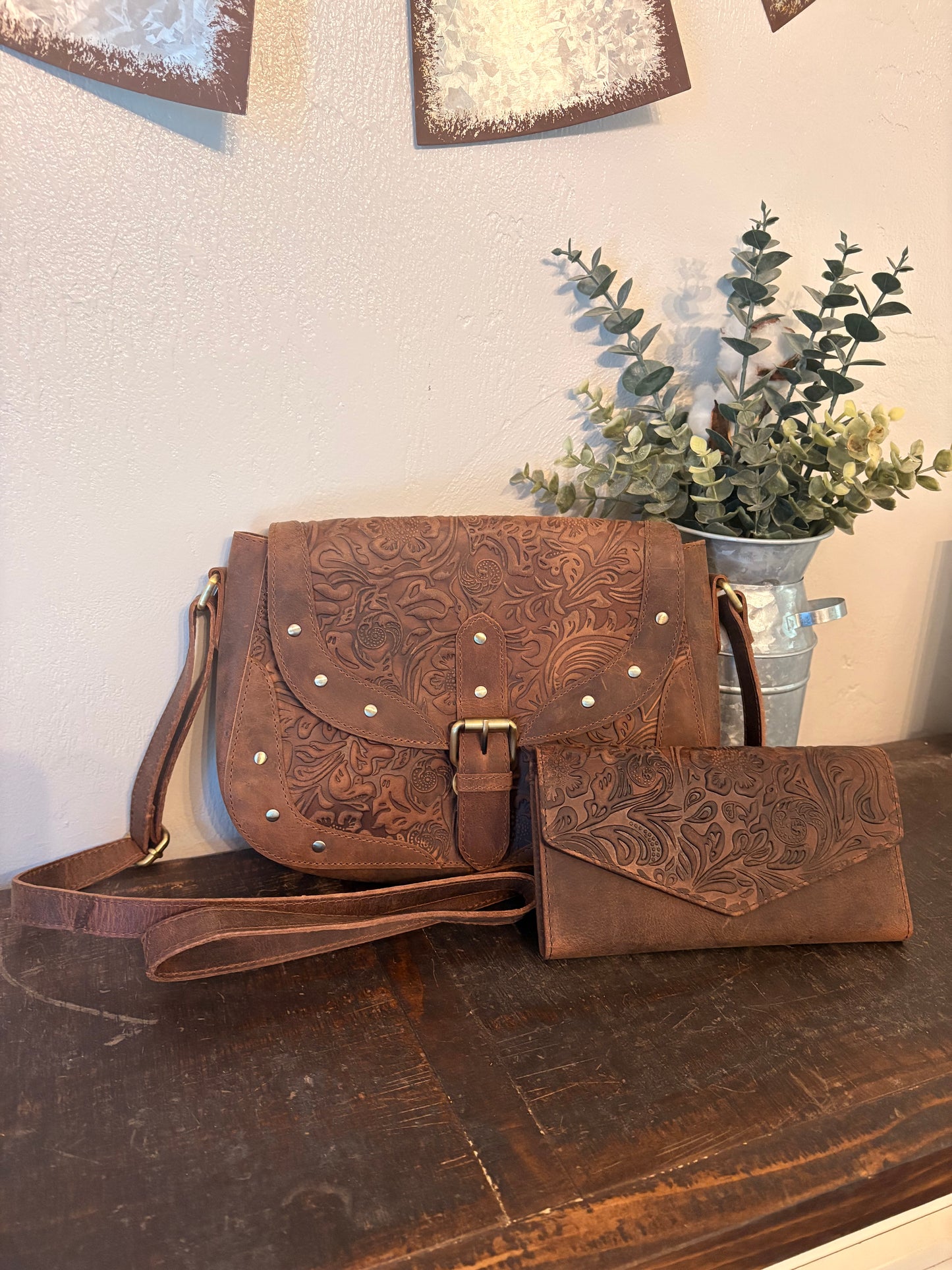 Brown Tooled Leather Crossbody / Wallet Set