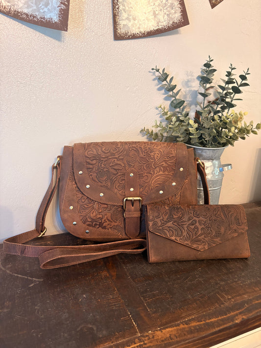 Brown Tooled Leather Crossbody / Wallet Set
