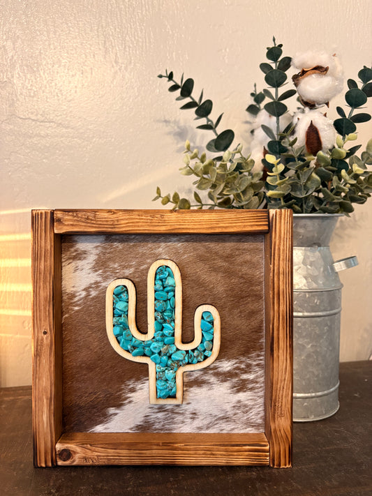 Cactus Stone Inlay Framed Cowhide Sign