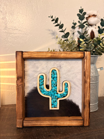 Cactus Stone Inlay Framed Cowhide Sign