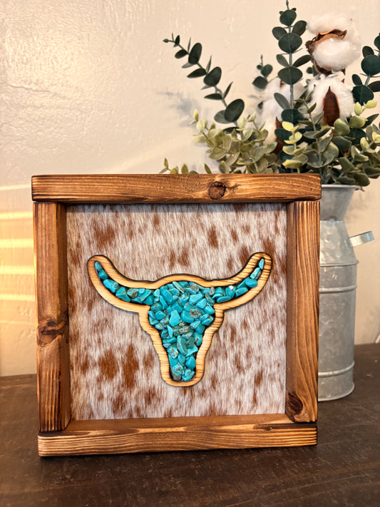 Steer Skull Stone Inlay Framed Cowhide Sign
