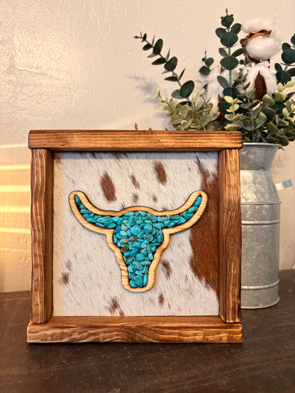 Steer Skull Stone Inlay Framed Cowhide Sign
