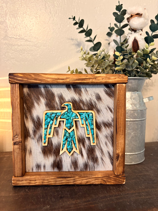 Thunderbird Stone Inlay Framed Cowhide Sign