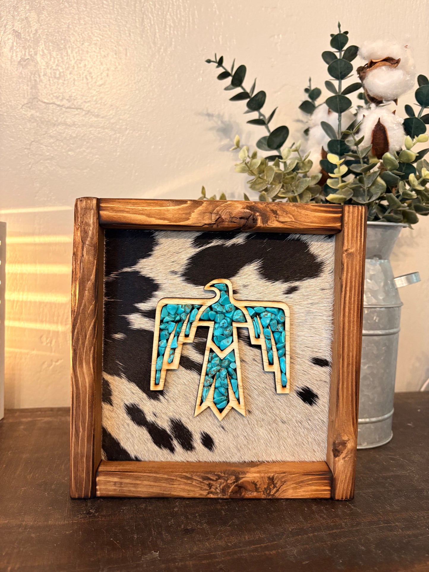 Thunderbird Stone Inlay Framed Cowhide Sign