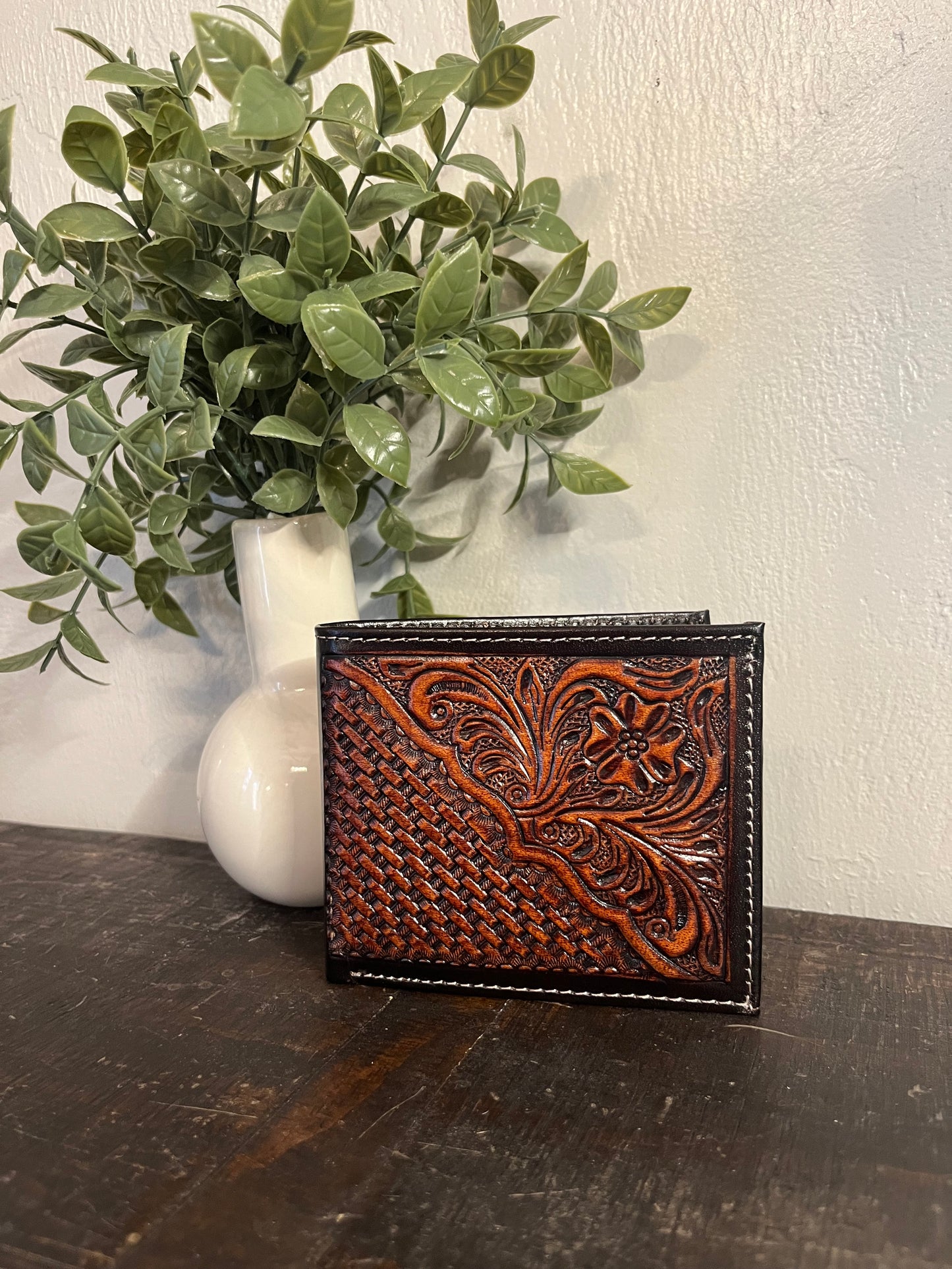 American Bison Tooled Dark Leather Wallet