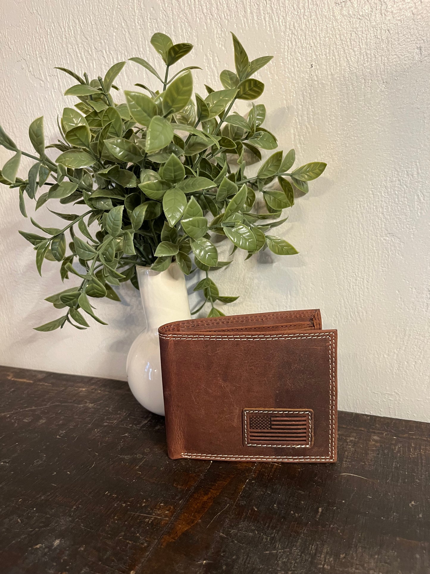 America Bison Brown Leather Wallet with American Flag
