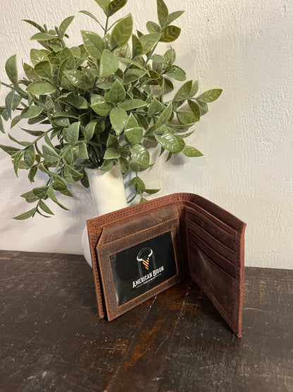 America Bison Brown Leather Wallet with American Flag