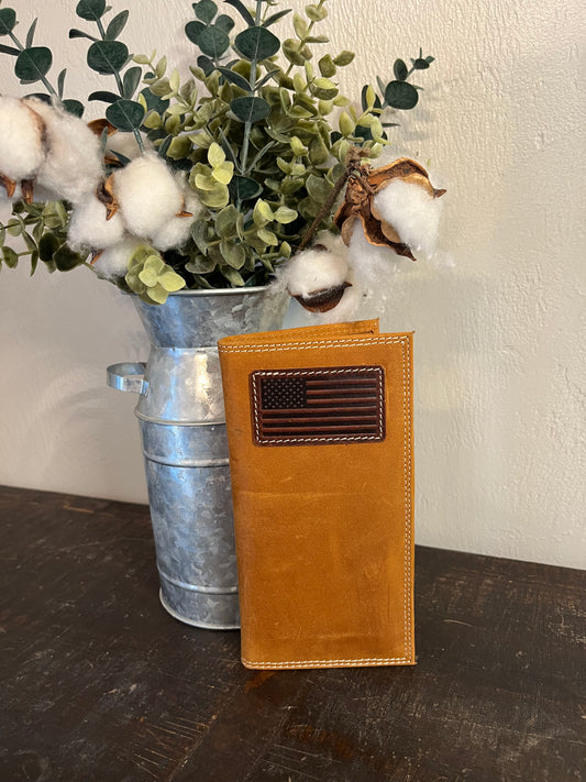 American Bison Leather Long Wallet with American Flag