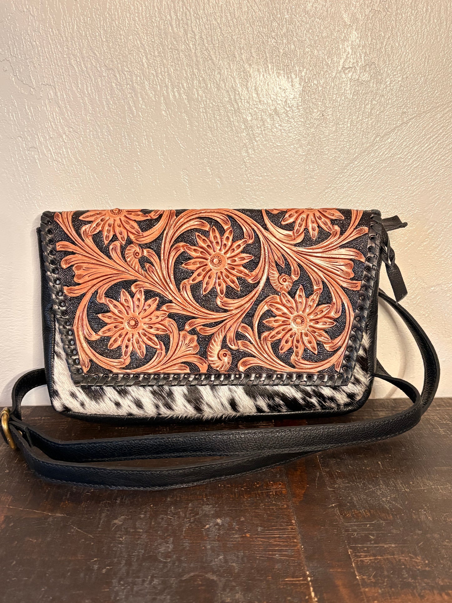 Black / Tooled Leather & Cowhide Crossbody