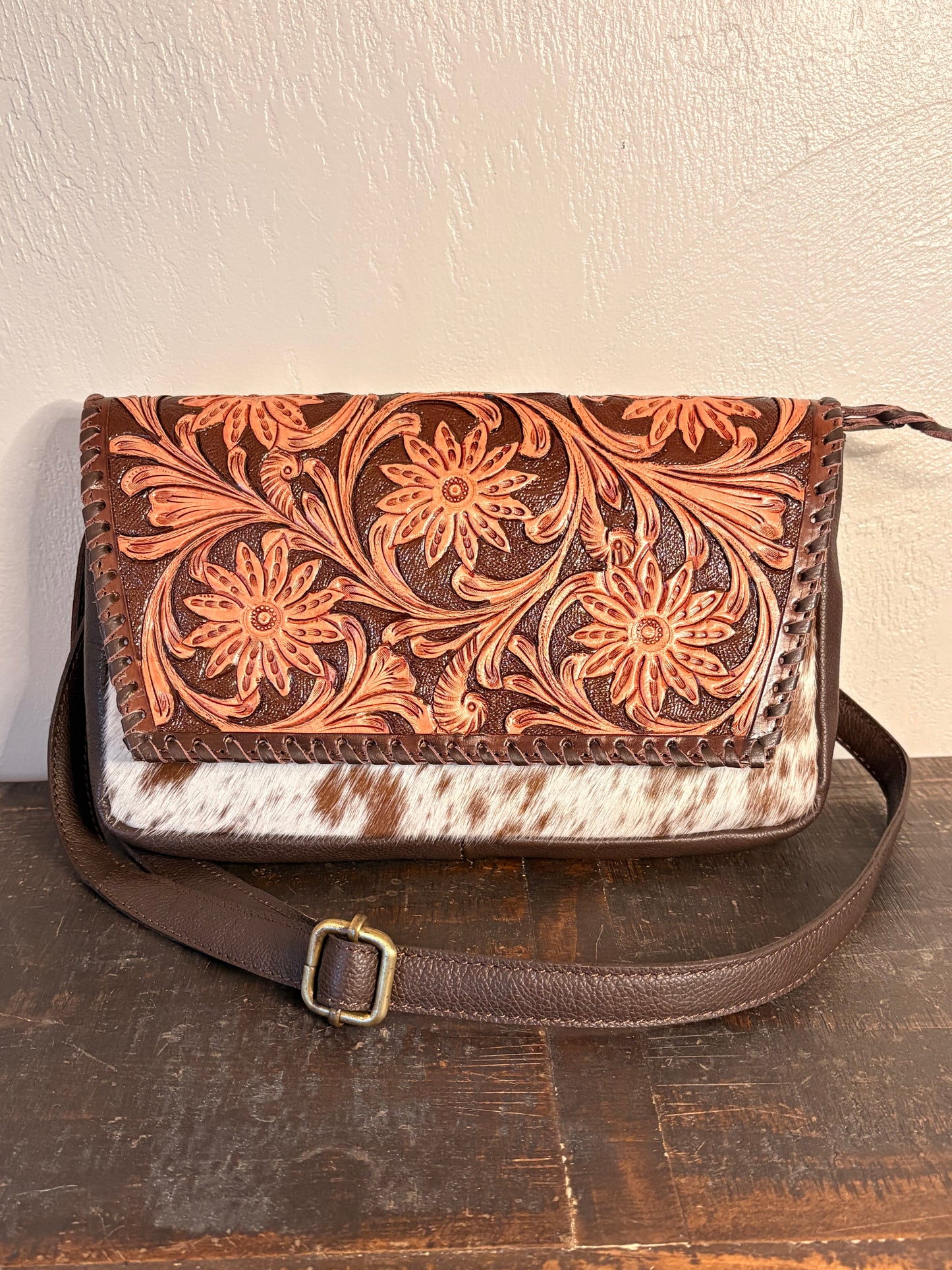 Brown / Tooled Leather & Cowhide Crossbody