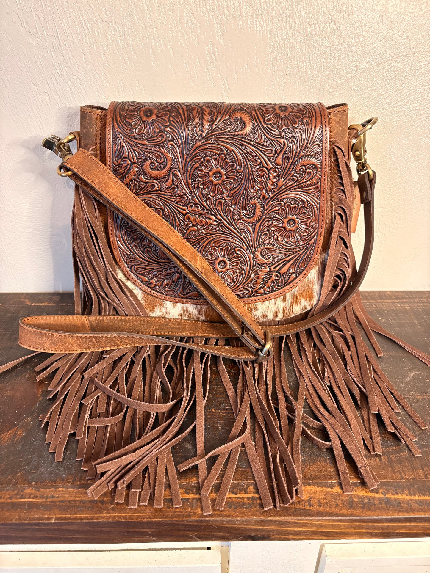 American Bison Tooled Leather & Cowhide Crossbody
