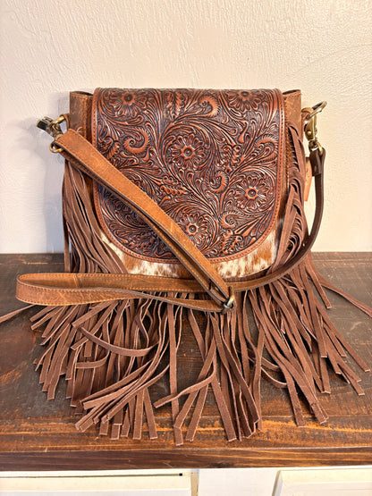 American Bison Tooled Leather & Cowhide Crossbody