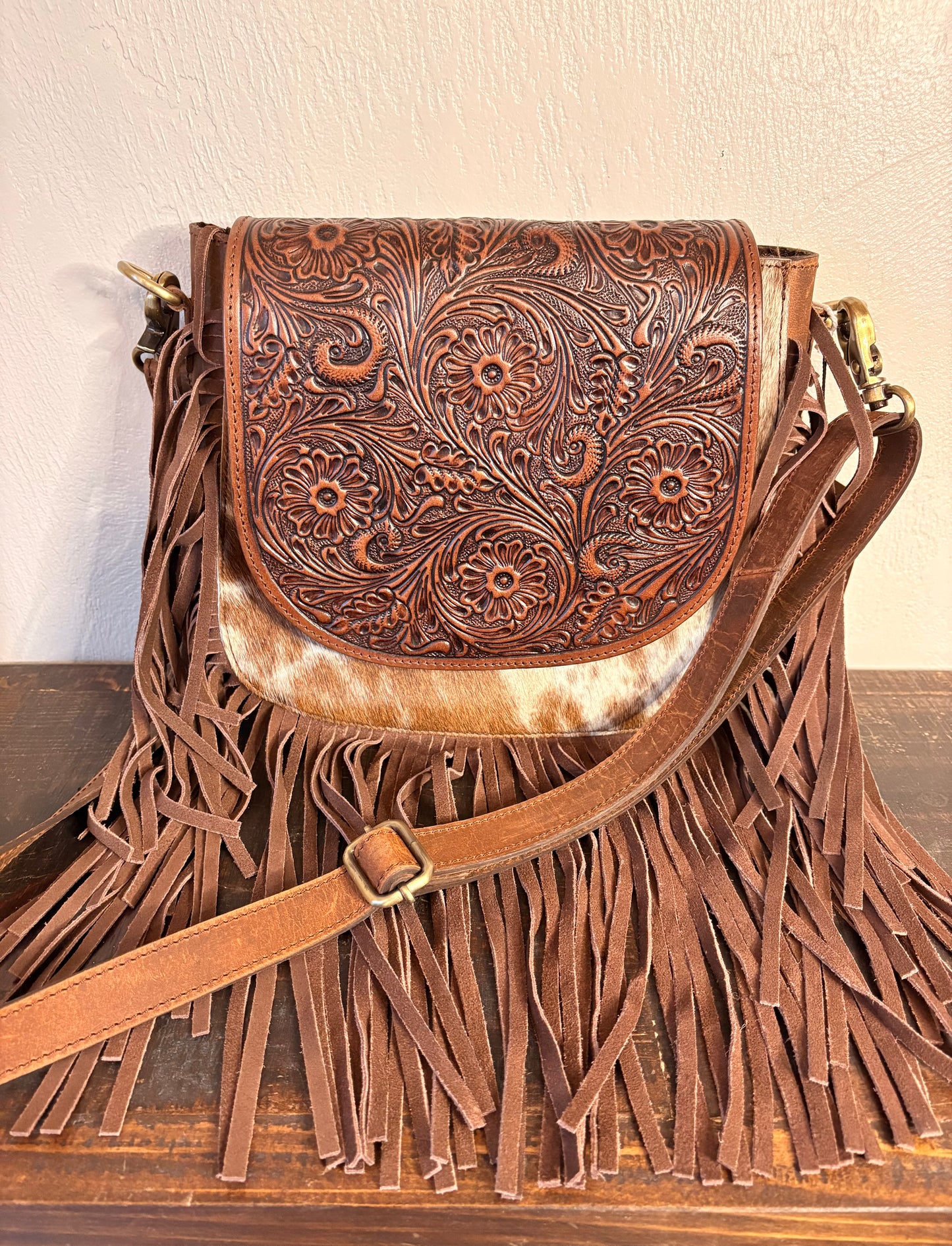 American Bison Tooled Leather & Cowhide Crossbody