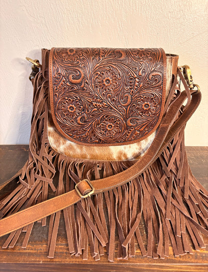 American Bison Tooled Leather & Cowhide Crossbody