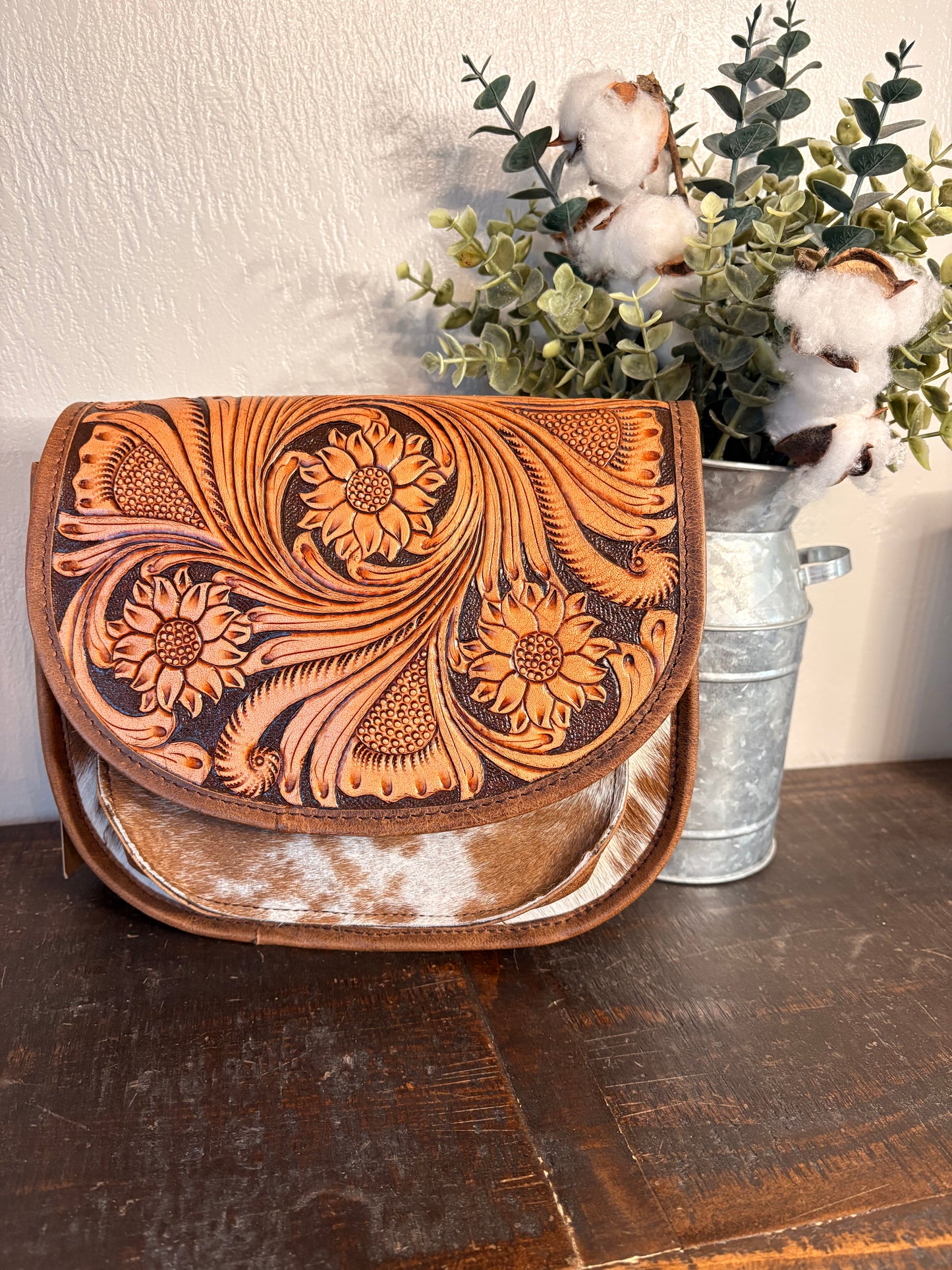 Brown Tooled Leather & Cowhide Crossbody