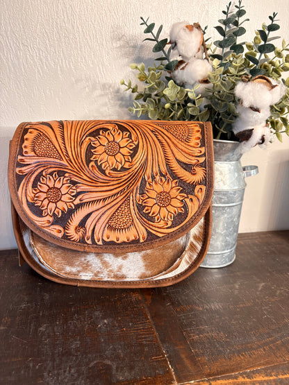 Brown Tooled Leather & Cowhide Crossbody