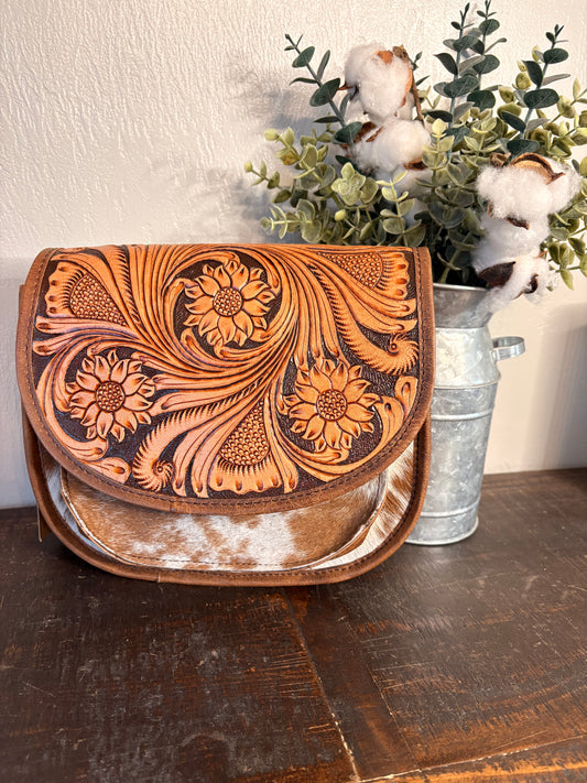 Brown Tooled Leather & Cowhide Crossbody