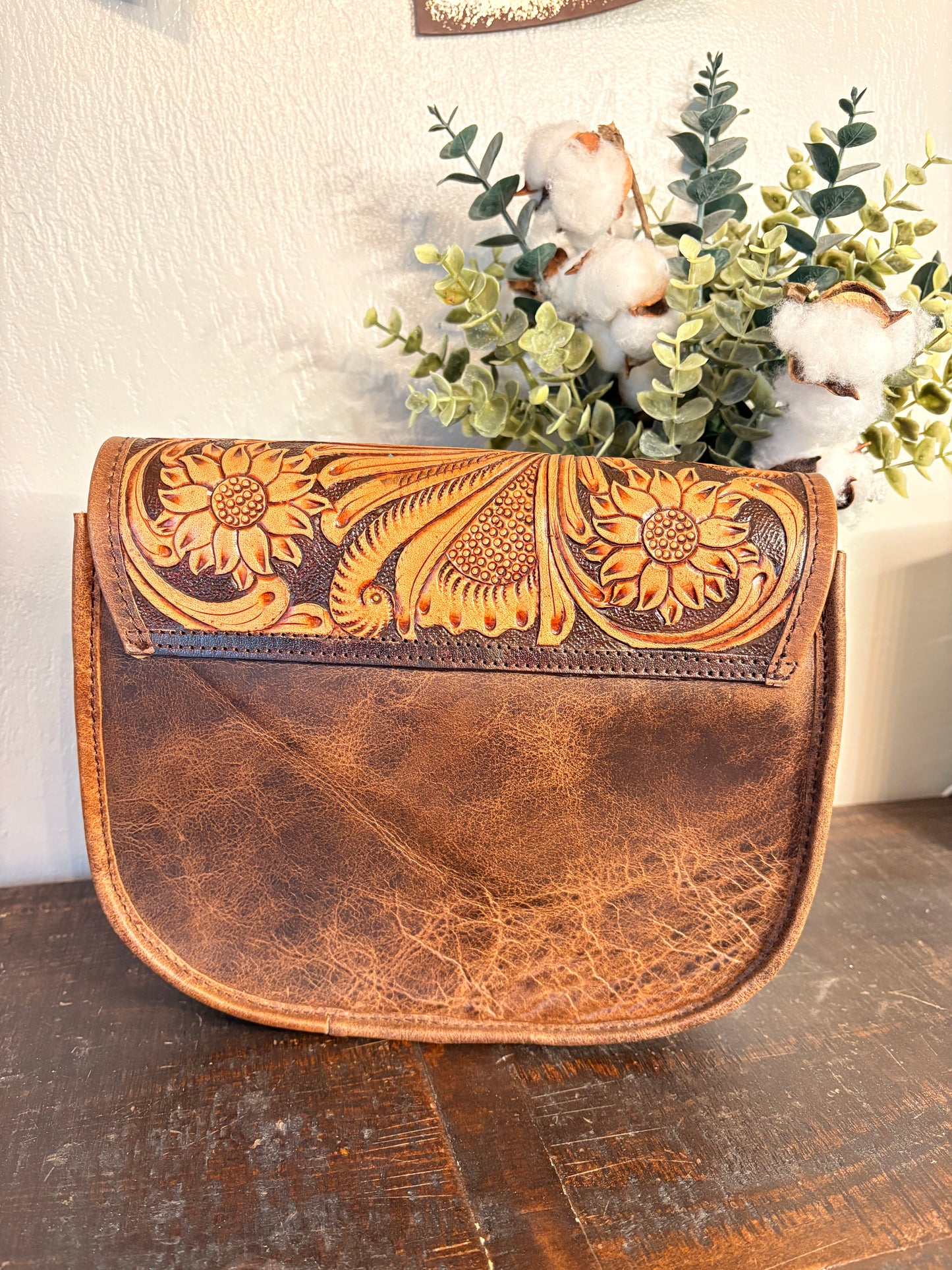 Brown Tooled Leather & Cowhide Crossbody
