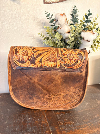 Brown Tooled Leather & Cowhide Crossbody