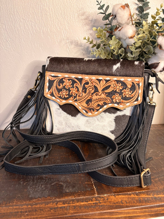 Black Cowhide and Tooled Leather Crossbody