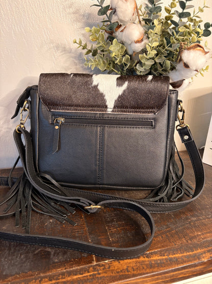 Black Cowhide and Tooled Leather Crossbody