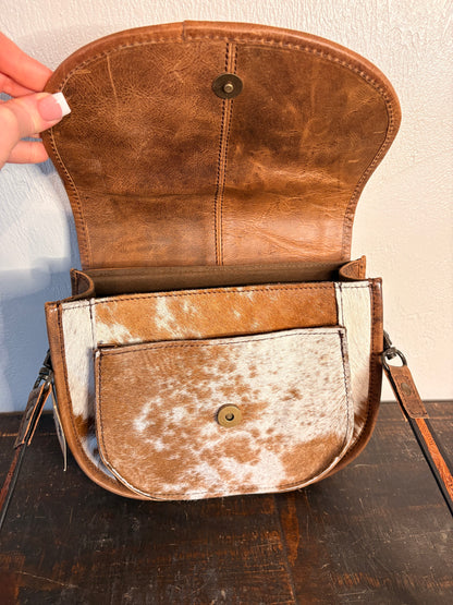 Brown Tooled Leather & Cowhide Crossbody