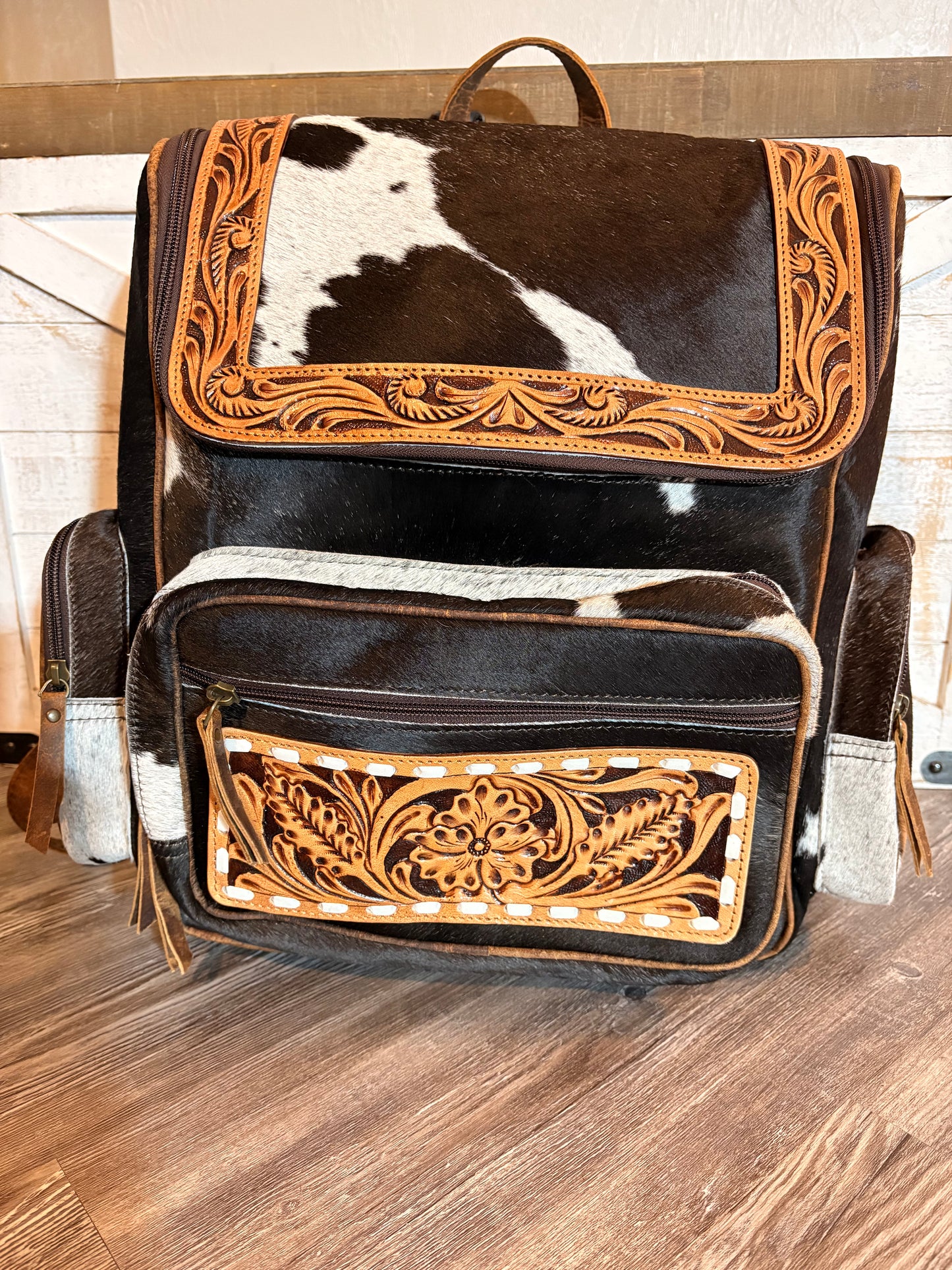 Tooled Leather & Cowhide Backpack / Diaper Bag